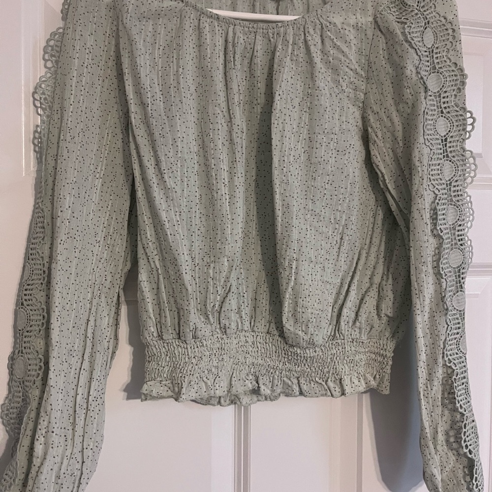Mine Light-colored Sea Green Long-sleeve Blouse Ruffled Neckline Smock Waist S